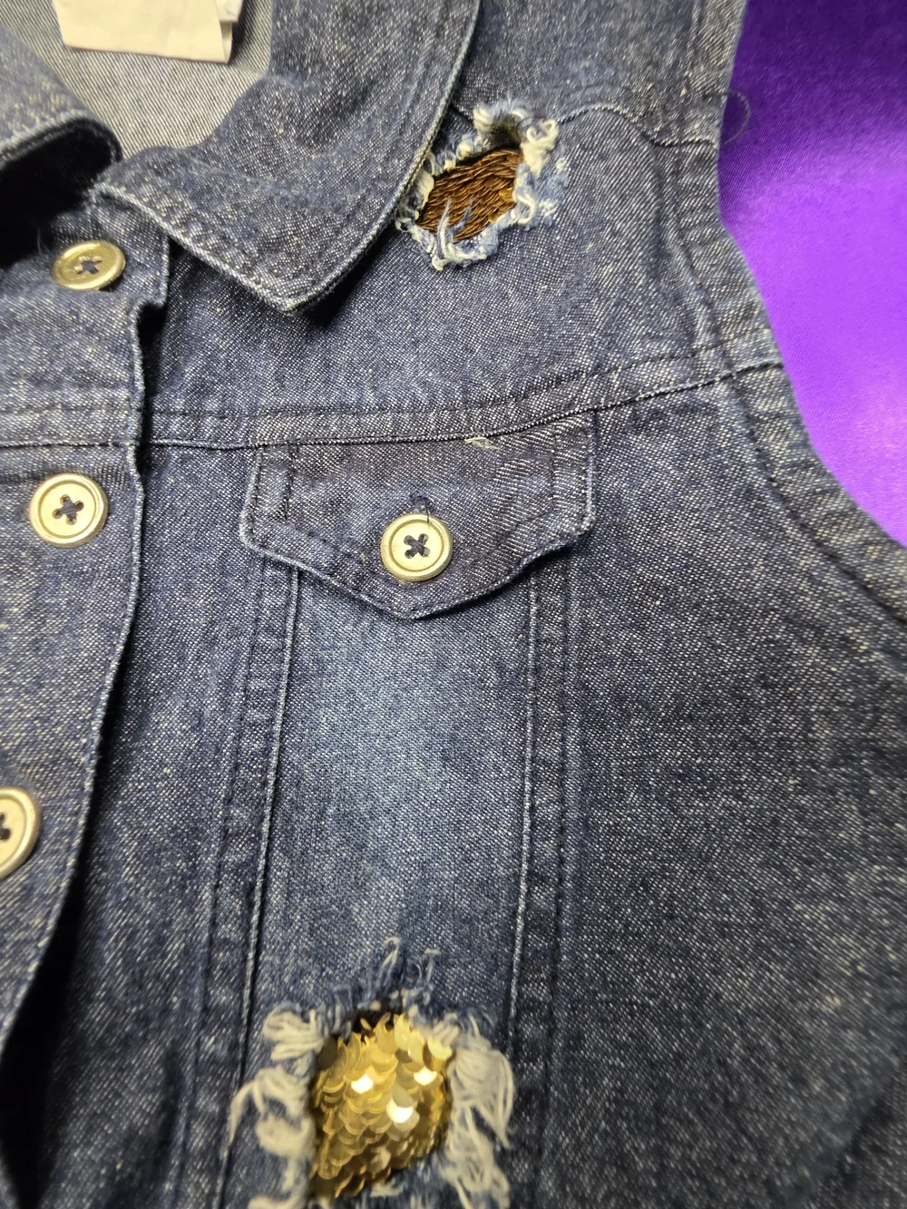 Rare Editions Dark Blue Denim Sequin Patch Vest Size 7